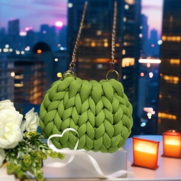Spinach Green- Hand-crocheted bag with gold chain