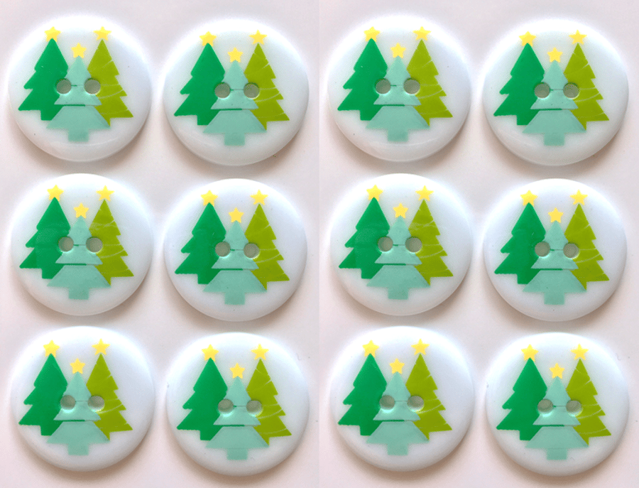 12 Christmas Buttons, Nordic Colour Trees, 23mm Wide, Round, Noel!