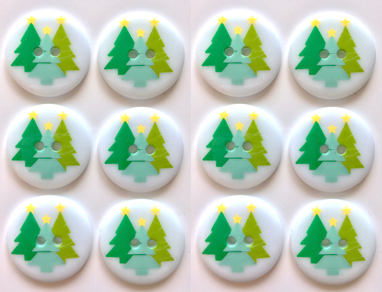 12 Christmas Buttons, Nordic Colour Trees, 23mm Wide, Round, Noel!