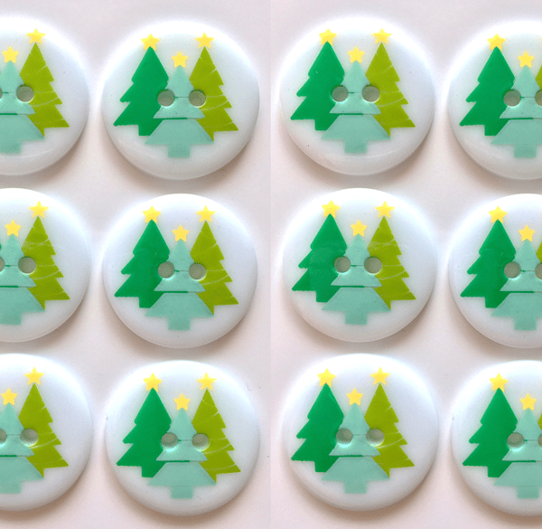 12 Christmas Buttons, Nordic Colour Trees, 23mm Wide, Round, Noel!