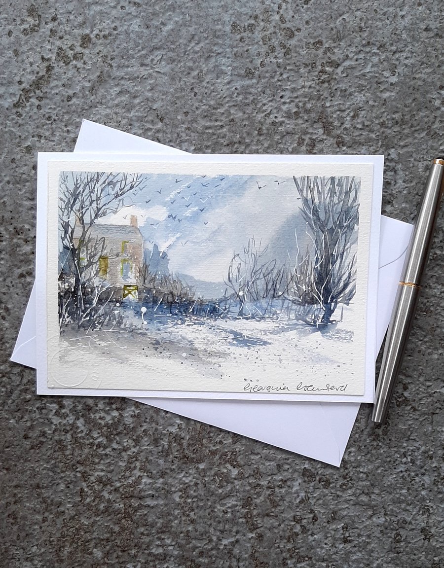Blank Card. Handpainted Watercolour OOAK  Cottage