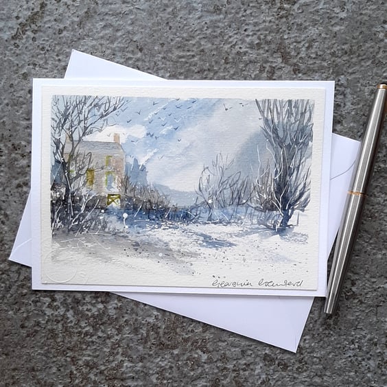 Blank Card. Handpainted Watercolour OOAK  Cottage. Snow 