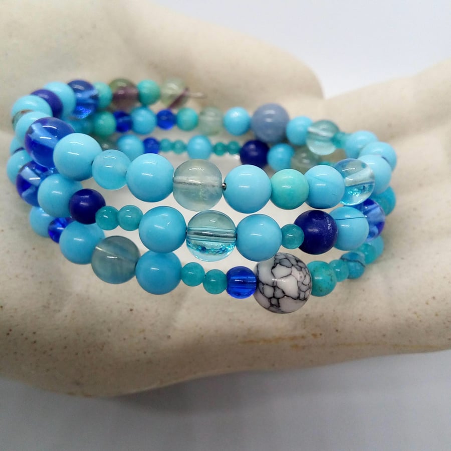 Blue Glass Bead 3 Strand Memory Wire Cuff Bracelet, Ladies Cuff Bracelet