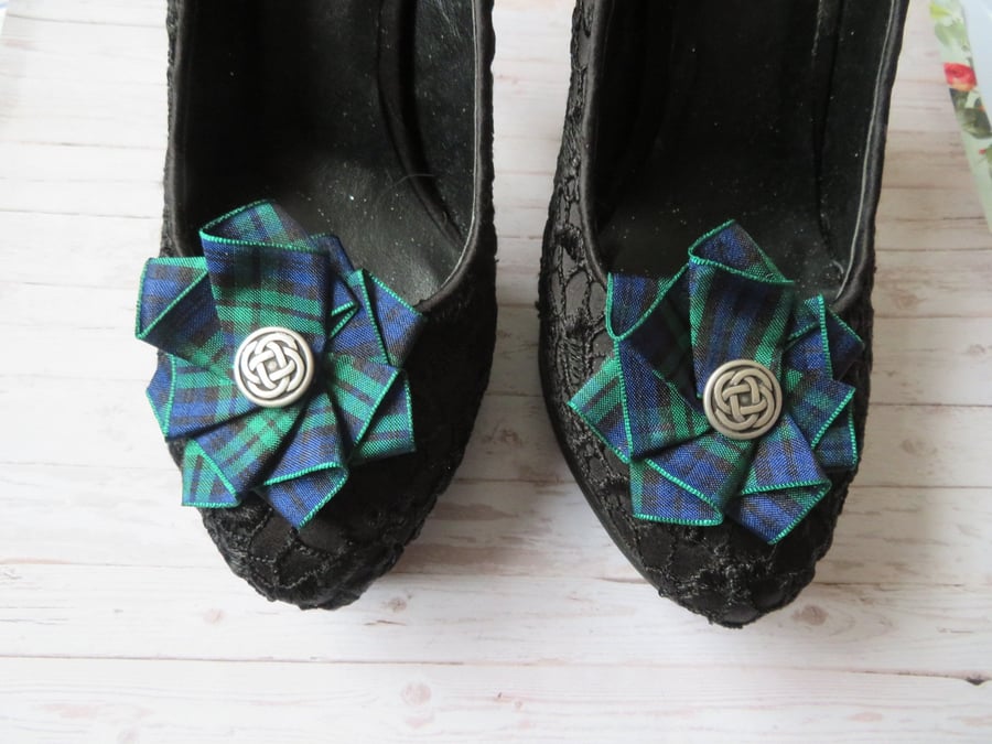 Black Watch Tartan and Silver Celtic Button Shoe Clips - Navy Blue & Green 