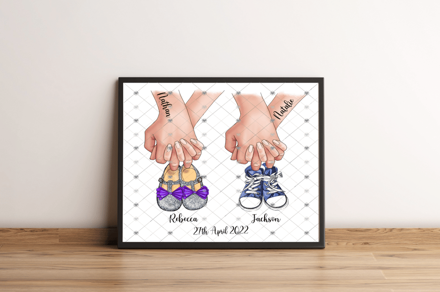 New Baby Twins Shoes A4 Print, Congratulations Baby Twin Custom Print