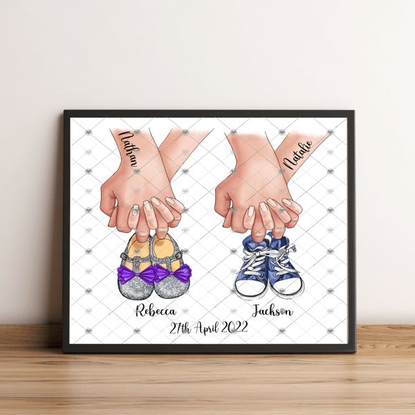 New Baby Twins Shoes A4 Print, Congratulations Baby Twin Custom Print