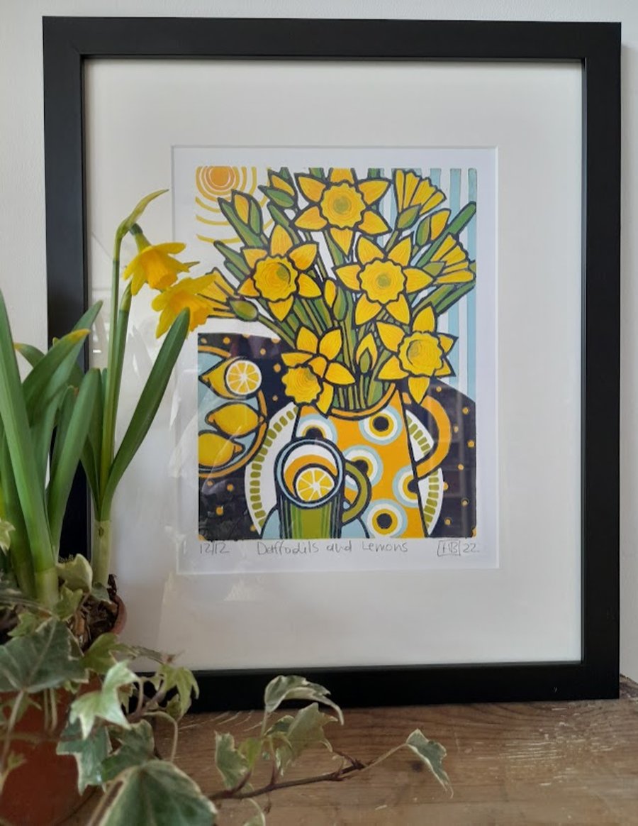 Original limited edition linocut print - 'Daffodils and Lemons'