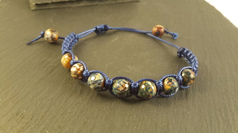 Multi-Coloured Agate and Navy adjustable macrame bracelet