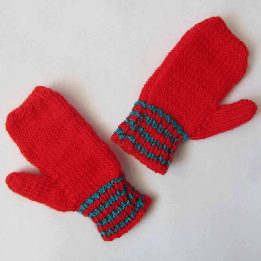 Hand Knitted Child's Red and Green Mittens