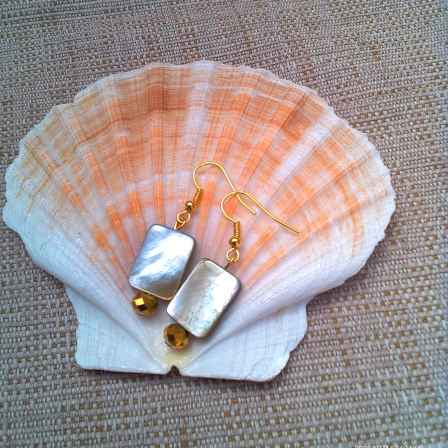 Iridescent Grey Shell and Gold Faceted Bead Earrings, Gift for Her, Grey Shell