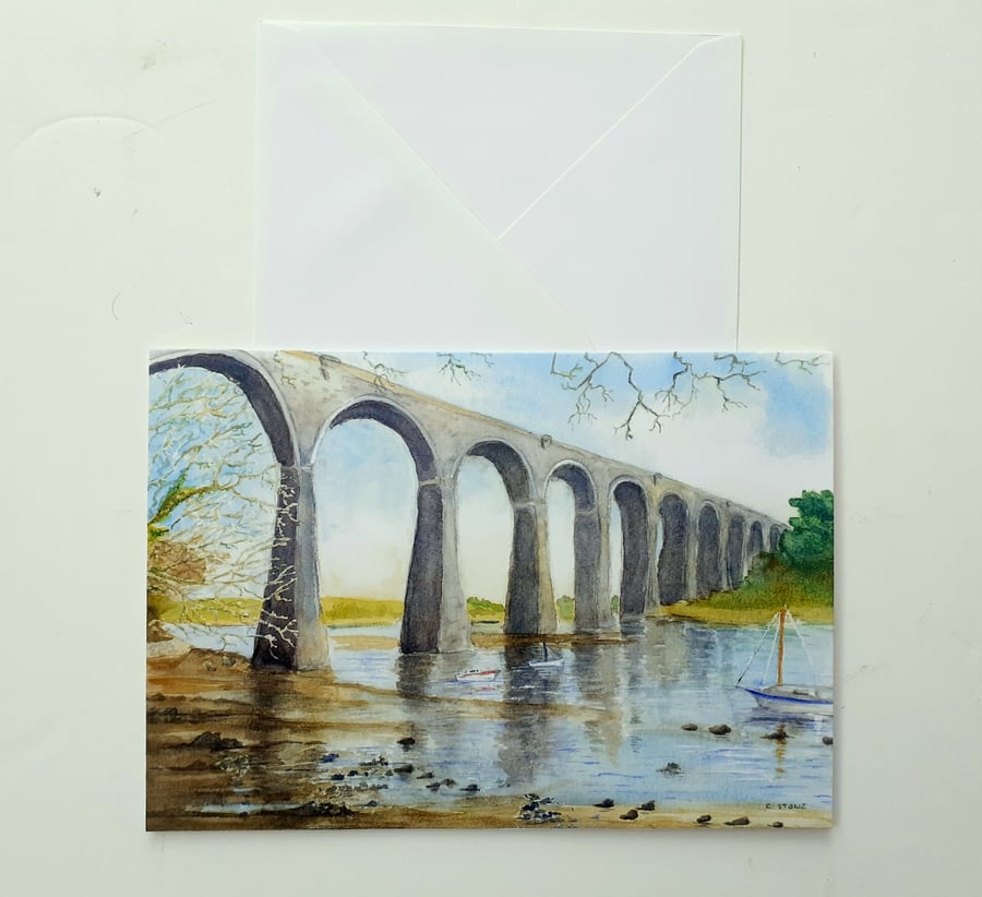 Greetings card blank A5 St Germans Viaduct, Cornwall from original watercolour. 