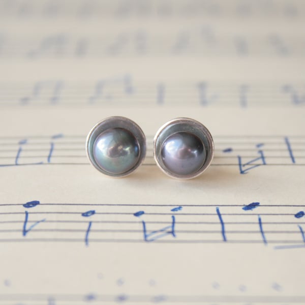 Pearl earrings, dark pearl stud earrings, pearl wedding anniversary gift