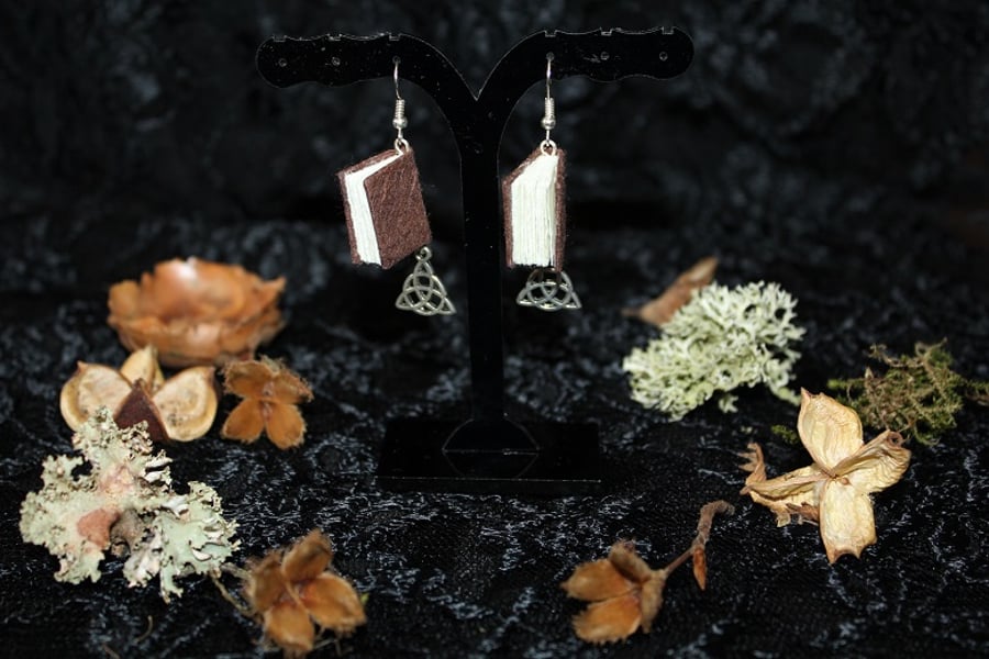 Brown Handmade Book Earrings With Trinity Knot Charms