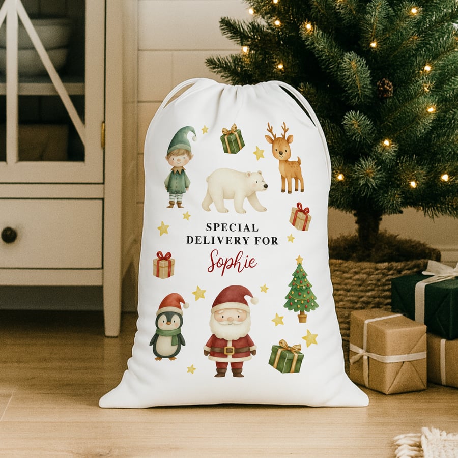 Personalised Christmas Santa Sack with Festive Characters – Custom Name Gift Bag