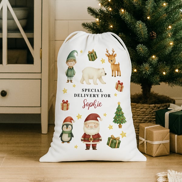 Personalised Christmas Santa Sack with Festive Characters – Custom Name Gift Bag
