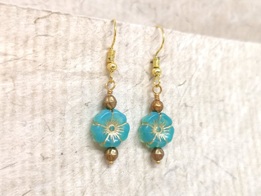 Turquoise flower and gold Czech glass bead earrings