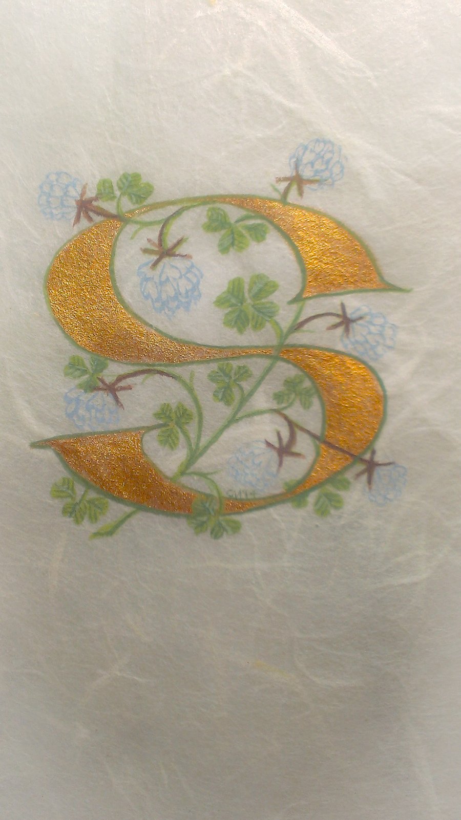 Initial letter S in gold with white clover on silk fibre paper