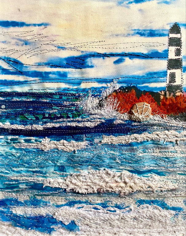 Lighthouse at Penmon Point, an embroidered seascape 