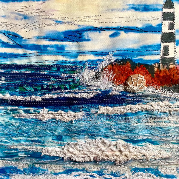 Lighthouse at Penmon Point, an embroidered seascape 