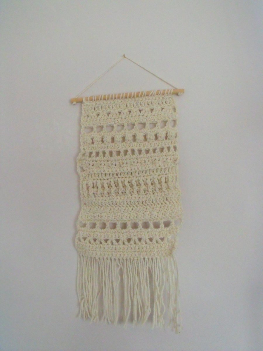 wool blend crocheted sampler wall hanging with tassels
