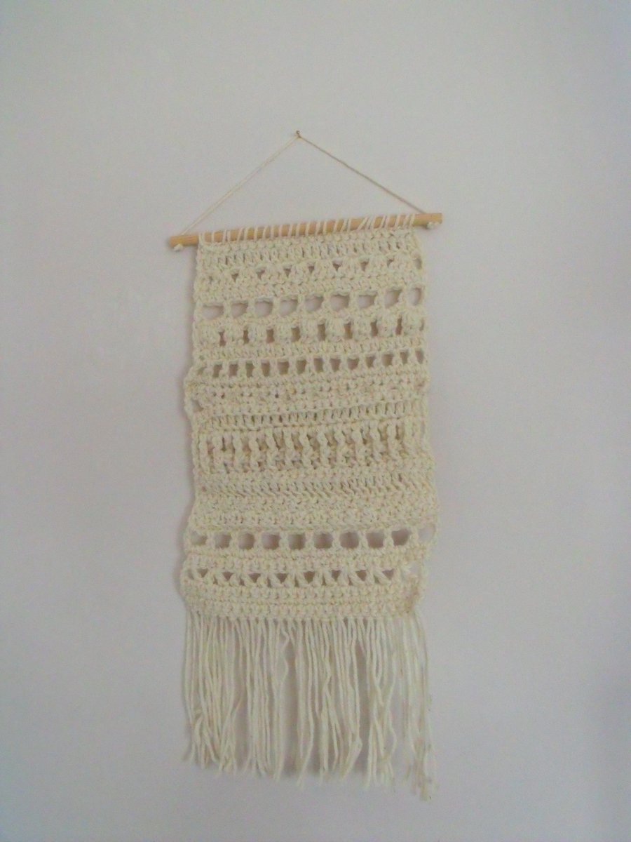 wool blend crocheted sampler wall hanging with tassels