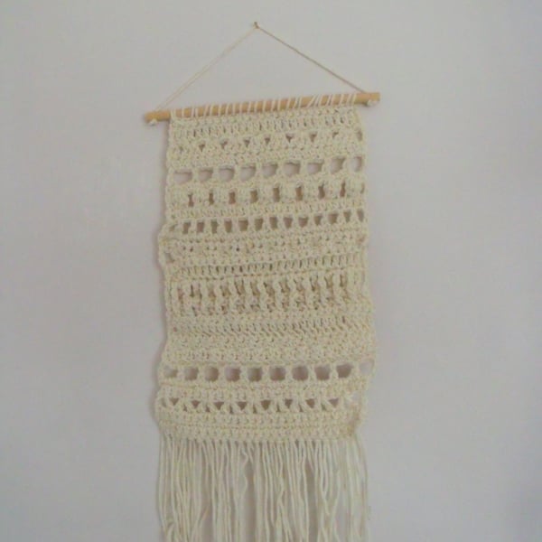 wool blend crocheted sampler wall hanging with tassels