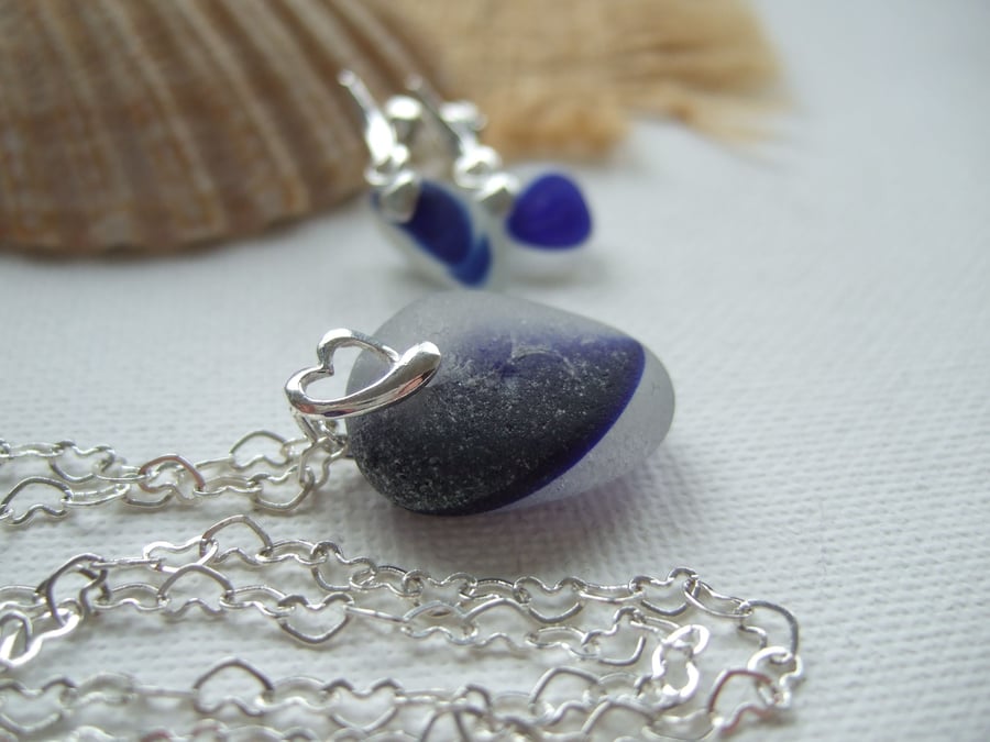 Blue Seaham sea glass earring and necklace set, ocean blue sea glass jewelry set