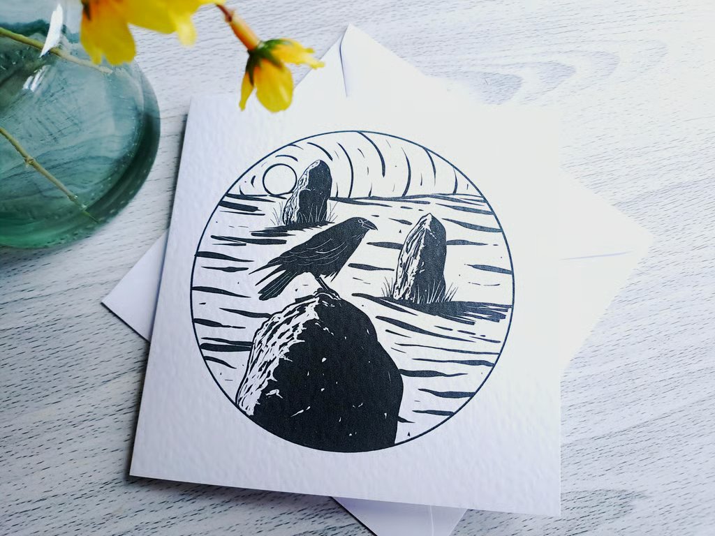 Crow and Standing Stones Greetings Card: Linocut Style