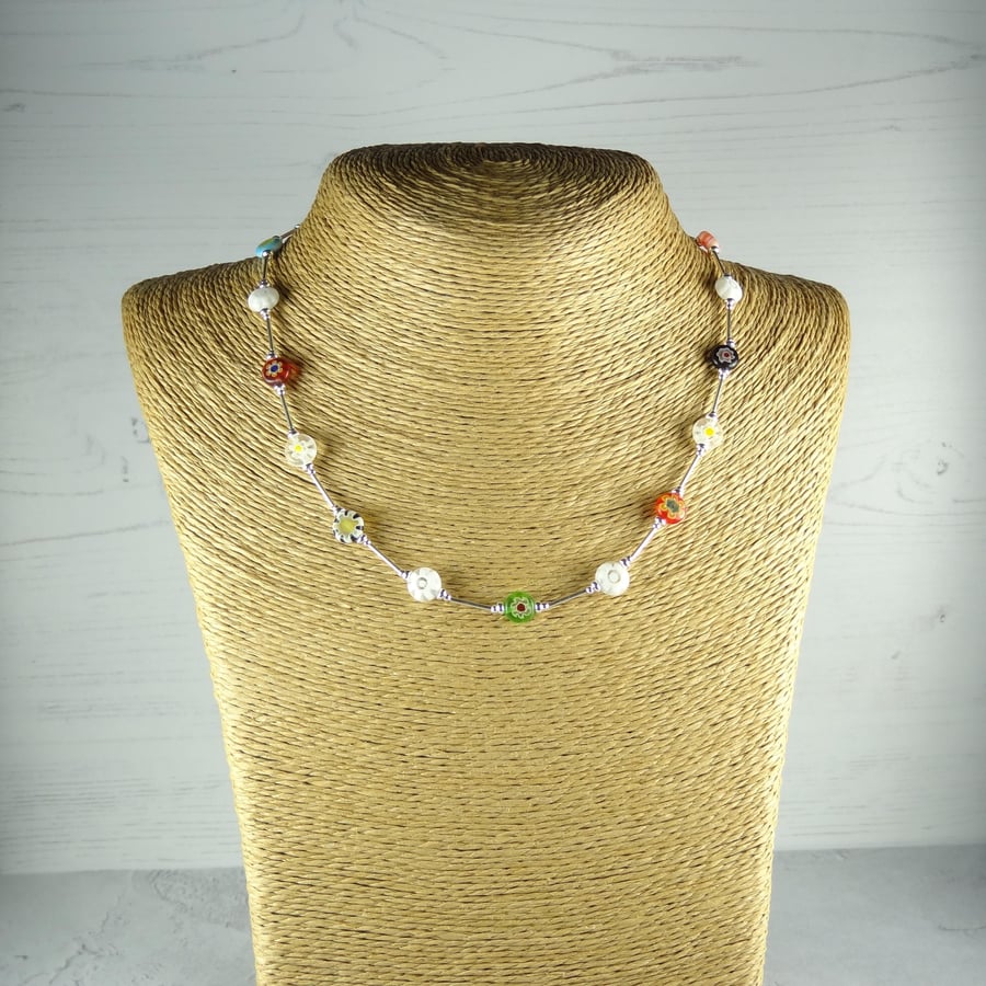 Multi-coloured Millefiori-style glass beaded necklace, sterling silver, 8mm