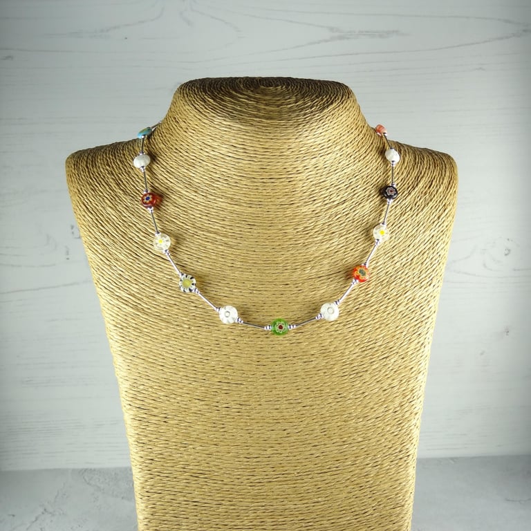 Multi-coloured Millefiori-style glass beaded necklace, sterling silver, 8mm