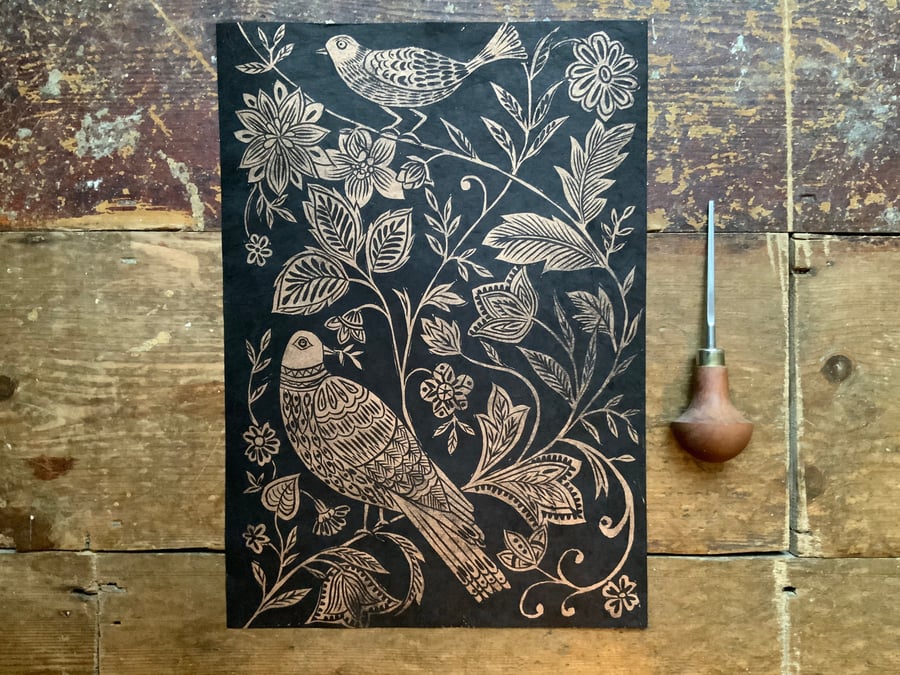 Folk bird linocut Arts and Crafts inspired linocut print Original Hand Printed W