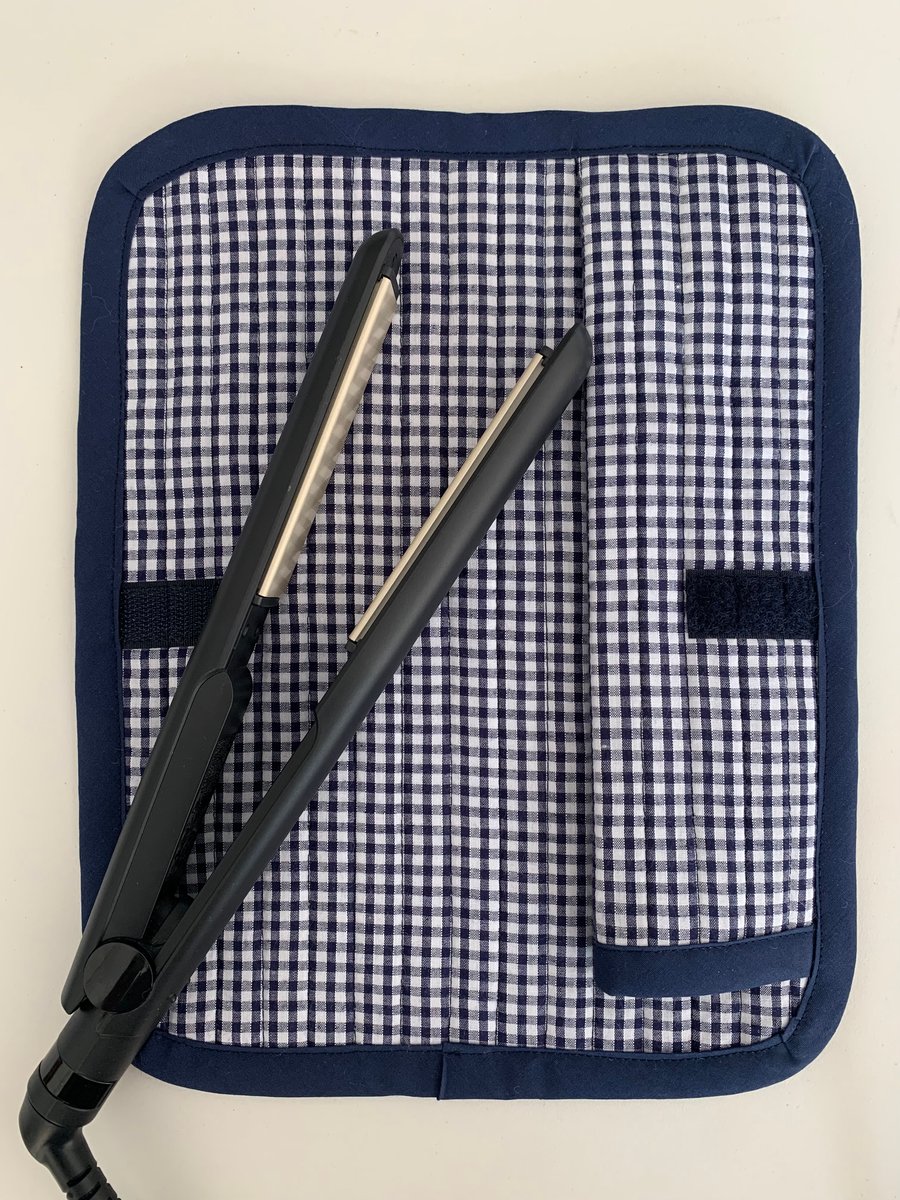 Blue and White Gingham Quilted Fabric Hair Straightener Mat