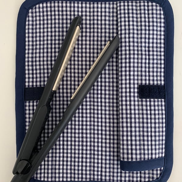 Blue and White Gingham Quilted Fabric Hair Straightener Mat