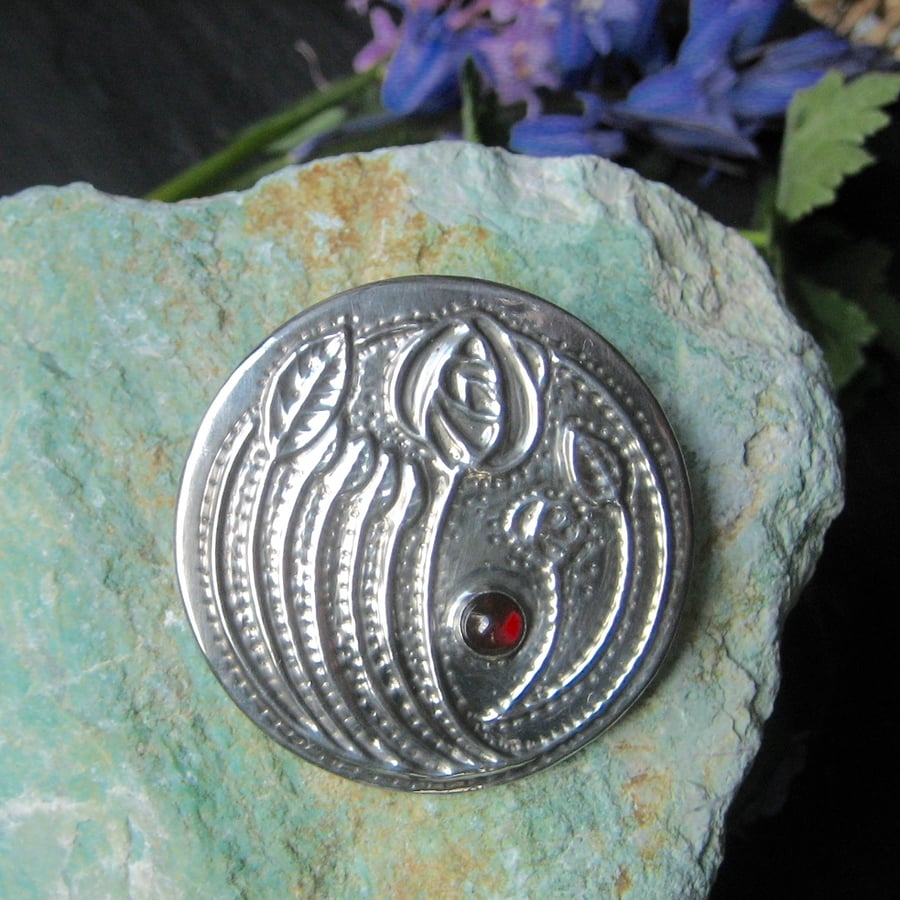 Reduced! Large Pewter Mackintosh Brooch with Garnet Cabochon