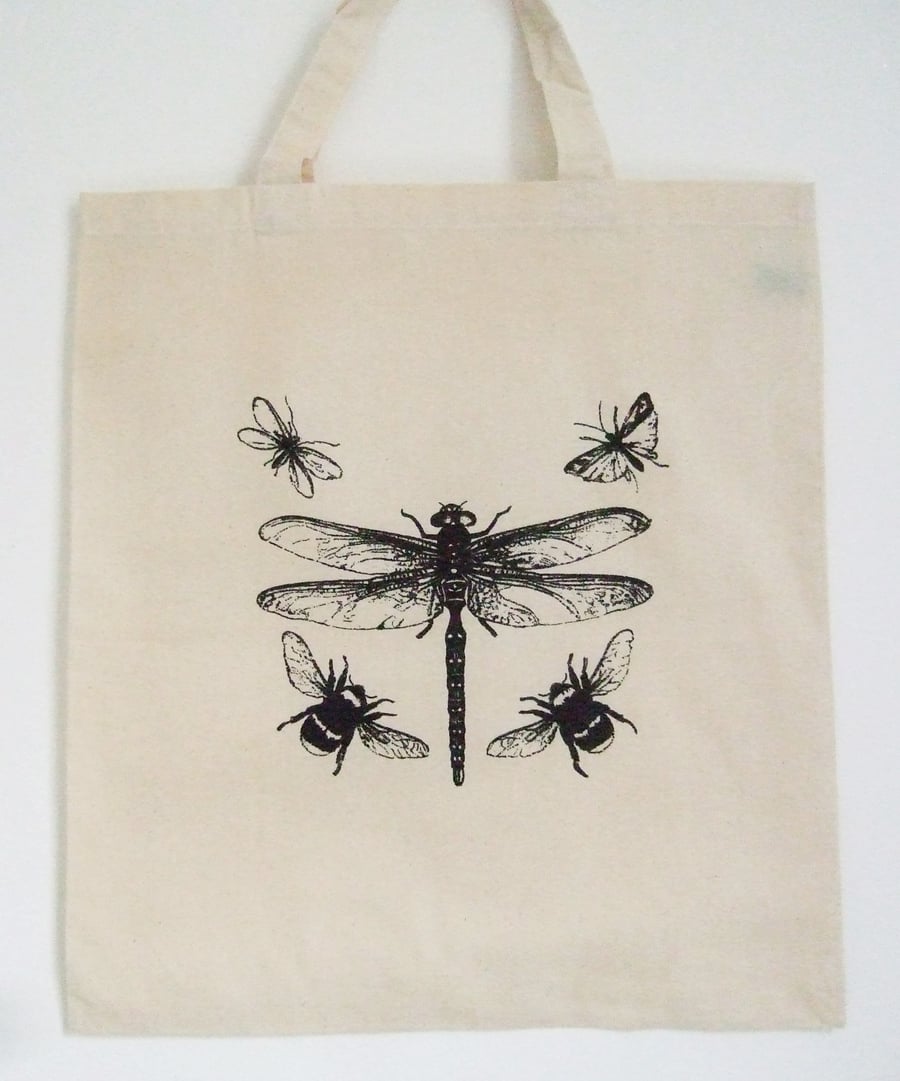 Dragonfly   natural cotton tote bag black insects print 