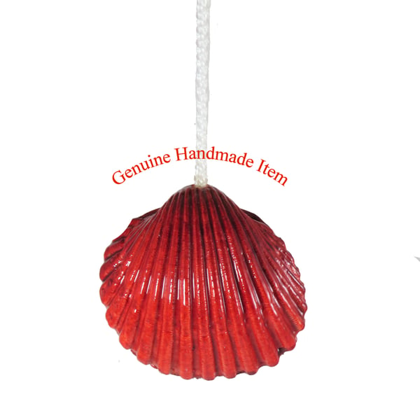 OOAK Nautical sea shell light pull handle, a cockle painted Strawberry Red.