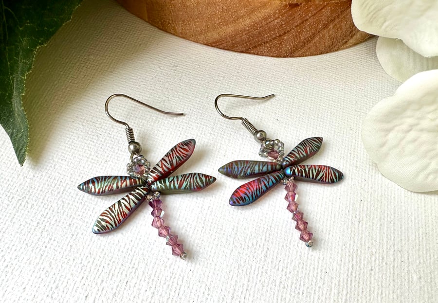 Dragonfly Earrings - Amethyst Zebra