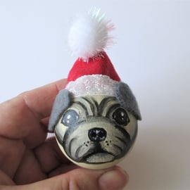 Pug Christmas Tree Bauble Hanging Decoration in Santa Hat Dog Doggy