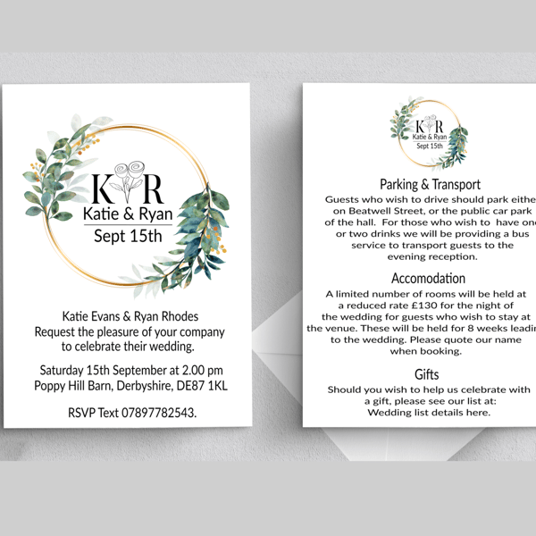 Leaf Wreath Wedding Invitation, Personalised Wedding Stationery, Elegant Wedding