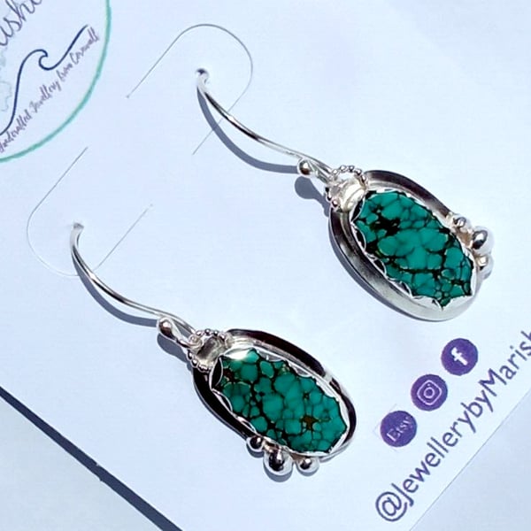 Turquoise Earrings Sterling Silver Jewellery Gift Oval Tibetan Gemstone