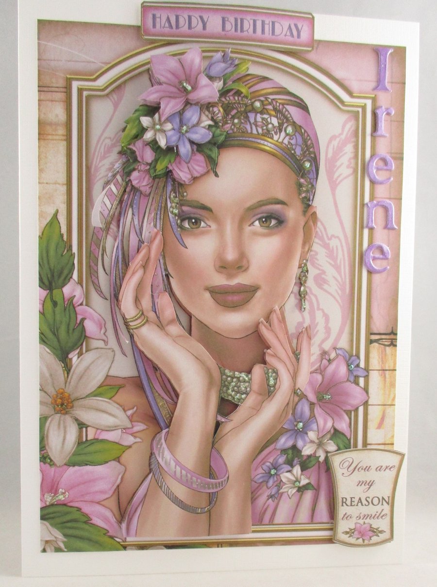 Handmade Decoupage Elegant Lady Birthday Card,Personalise