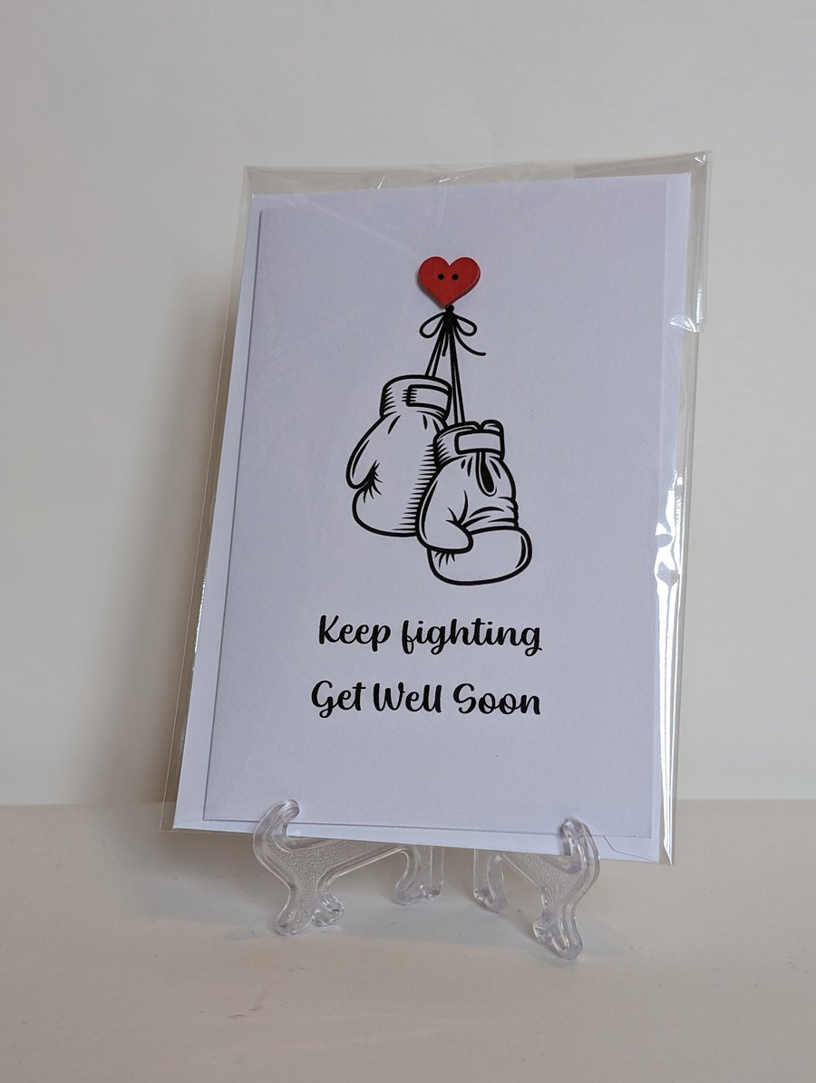 Get Well Soon Keep fighting red heart button greetings card 