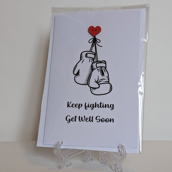 Get Well Soon Keep fighting red heart button greetings card 