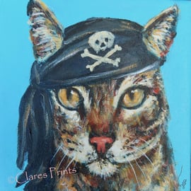 Pirate Tabby Cat Original Art Acrylic Painting on Canvas OOAK Retro Steampunk