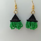 Beaded green and black witches hat earrings