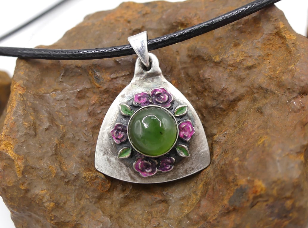 Sterling Silver Shield of Roses Pendant with Nephrite Jade Gemstone Necklace.