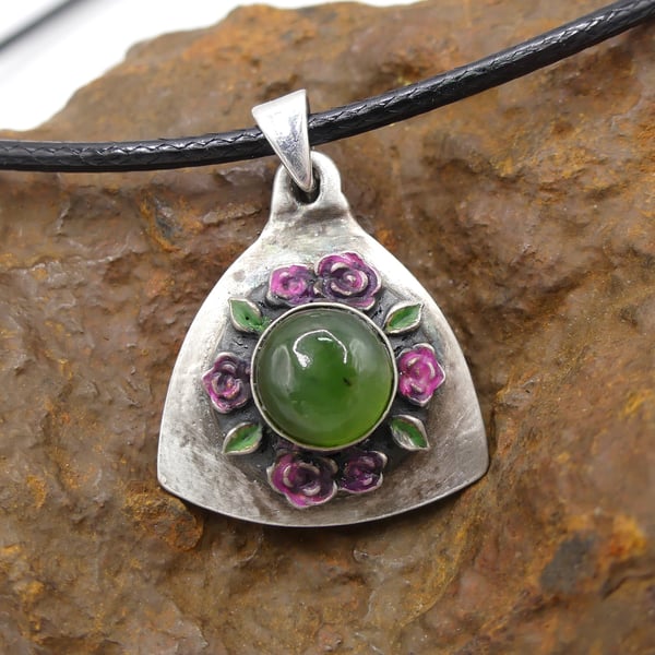 Sterling Silver Shield of Roses Pendant with Nephrite Jade Gemstone Necklace.