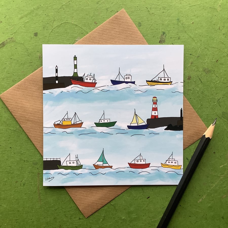 Greetings card - Heading home. Boats. Sea.