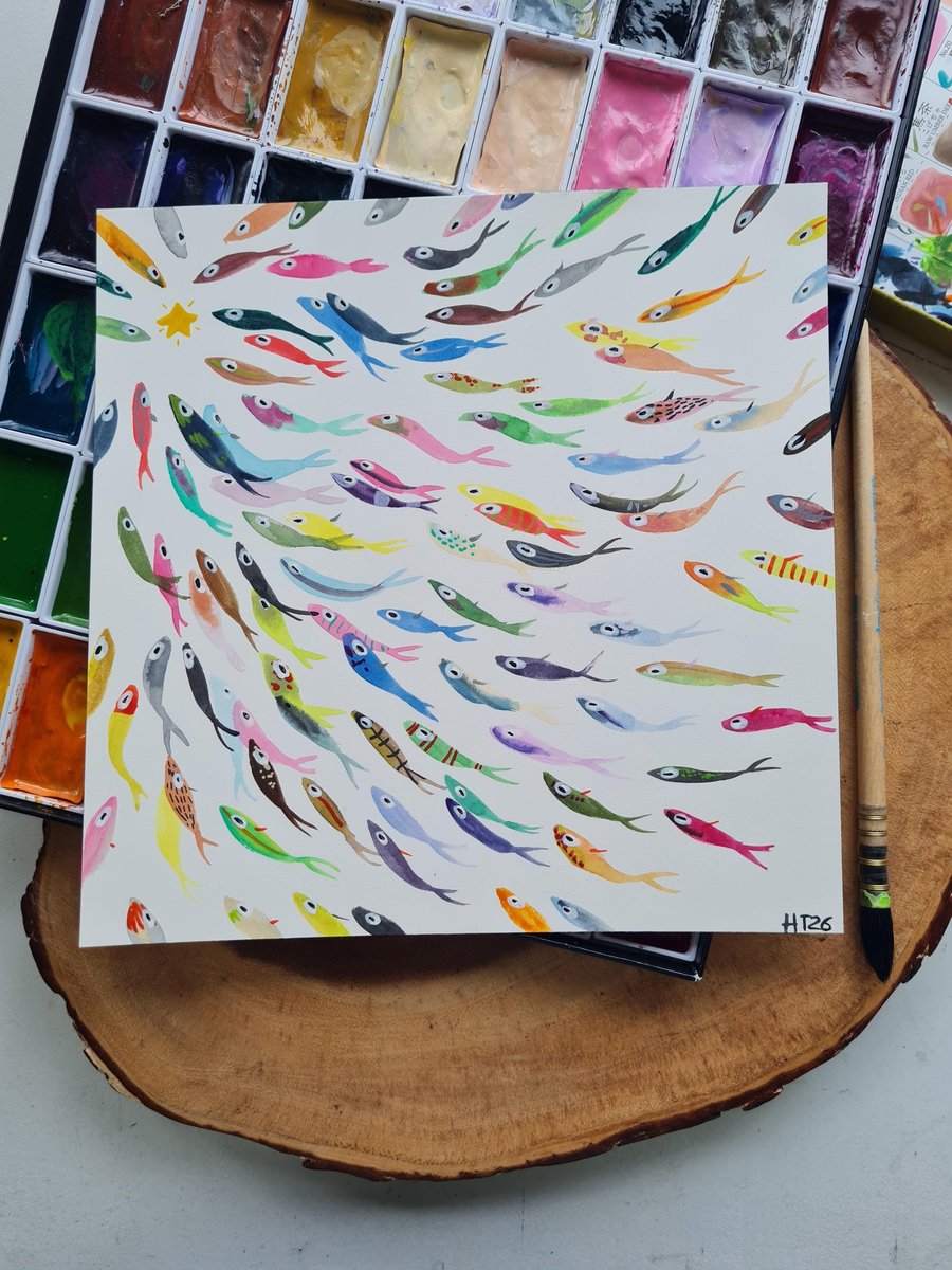 Original Watercolour hand painted vibrant, colourful fish art