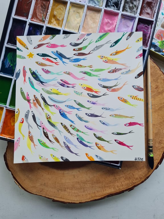 Original Watercolour hand painted vibrant, colourful fish art
